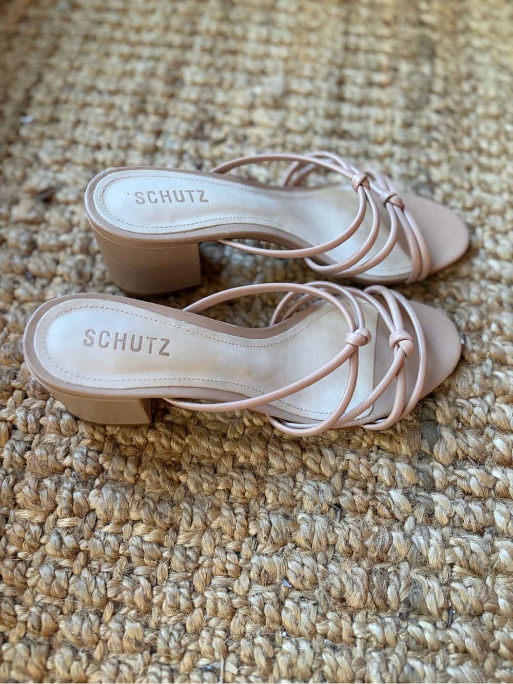 SCHUTZ Blush Nude Strappy Knot Slide Heels